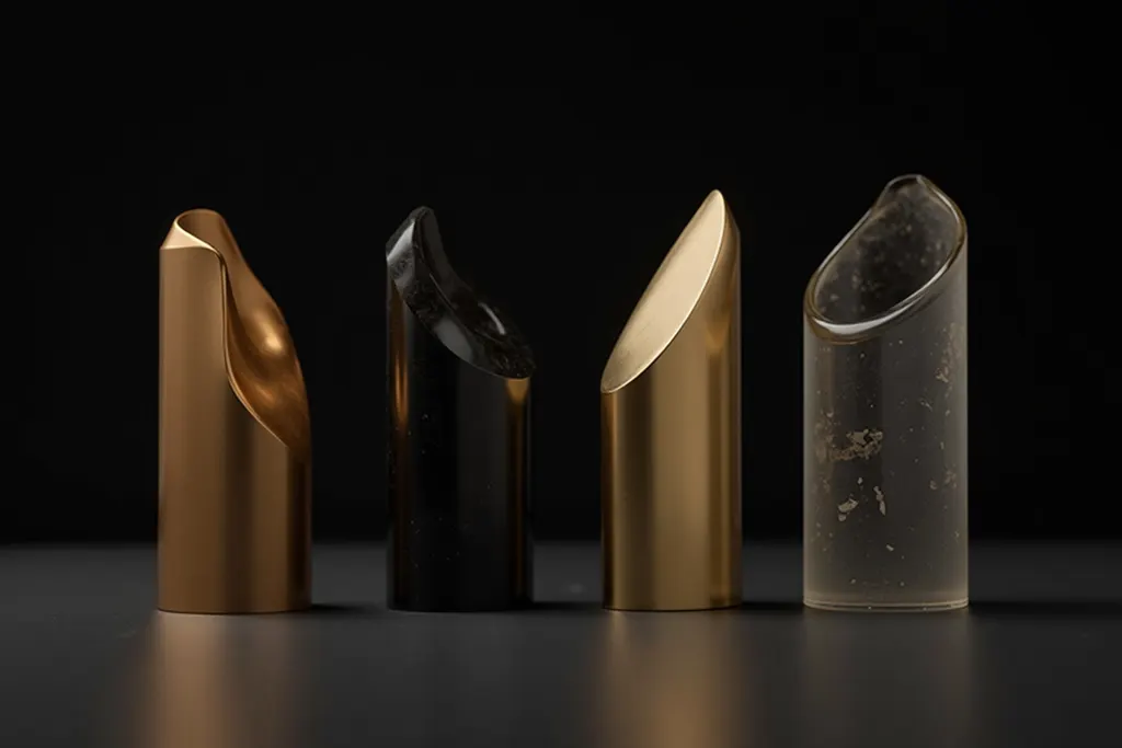 Quatre monolithes de matières différentes — laiton, obsidienne, or brossé, verre fumé — alignés sous une lumière rasante.